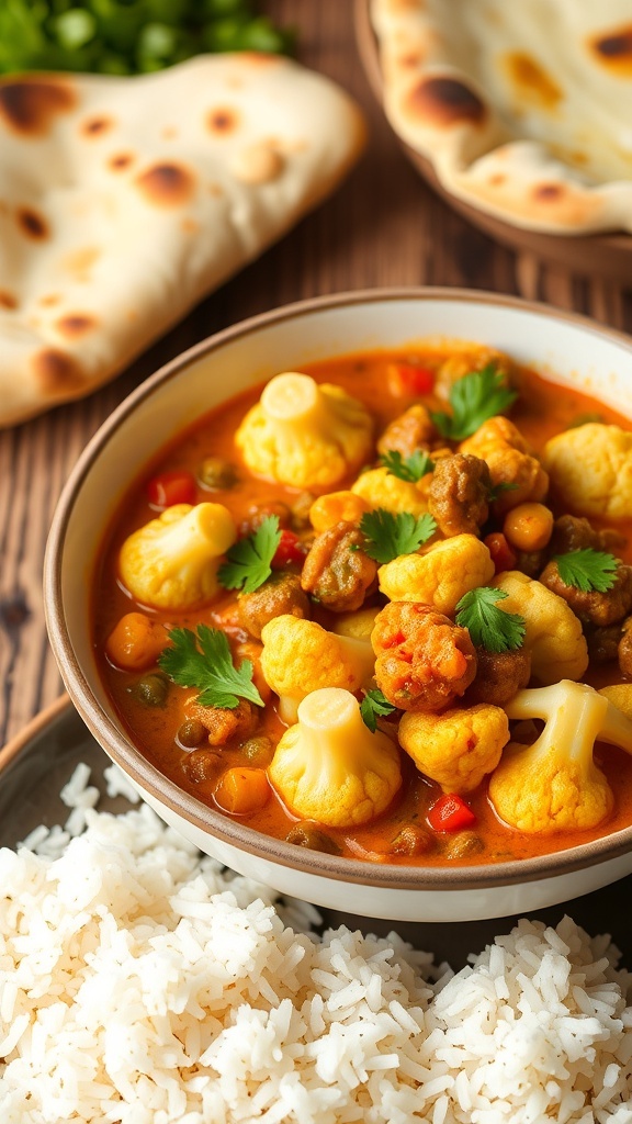 A bowl of spicy cauliflower and lentil curry with cilantro and rice on a wooden table.